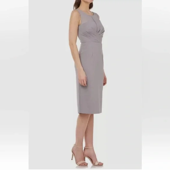 NEW JS Collections Grey Illusion Yoke‎ Pleat Cocktail Dress With Stretch Size 12